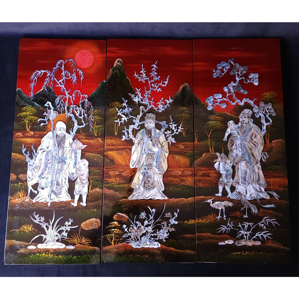 VTG Antique Old Rare 3 Chinese Rosewood Inlay Landscape Asian Wall Art Painting